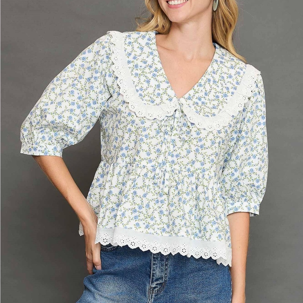 Umgee White Floral Lace-Trim Peasant Blouse with Blue & Green Print